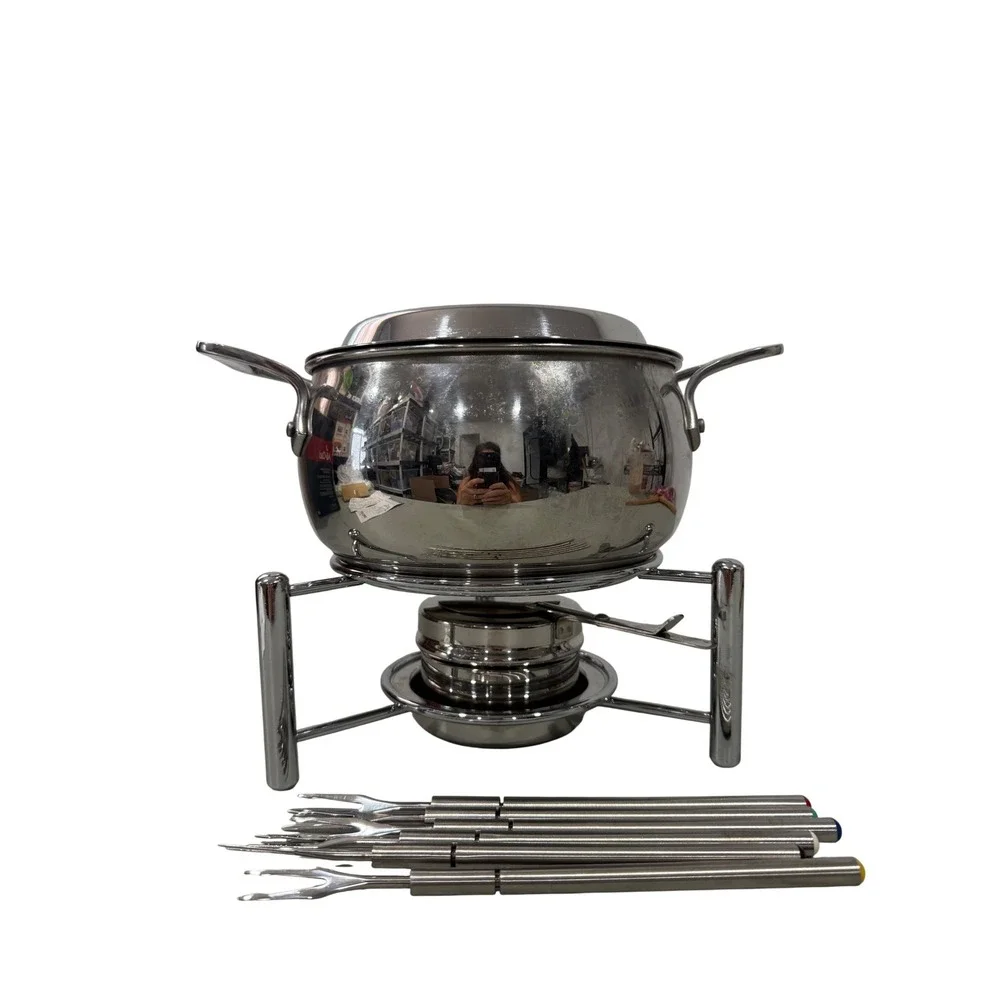 All-Clad Stainless Steel Fondue Pot Set with 6 Forks and Stand Silver